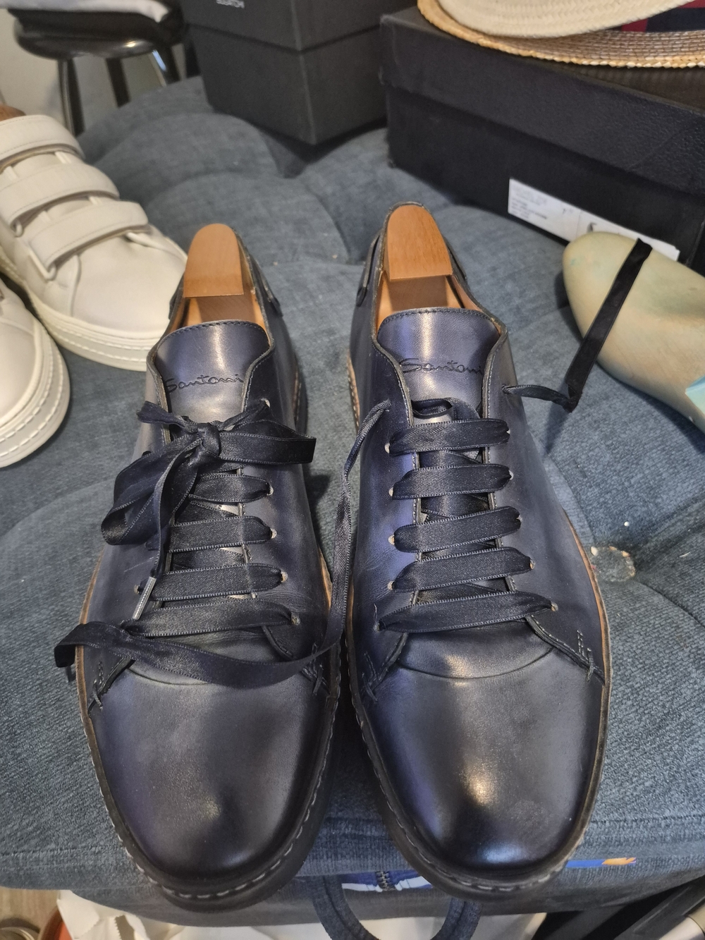 Santoni Men’s Navy Leather Lace-Up Sneakers